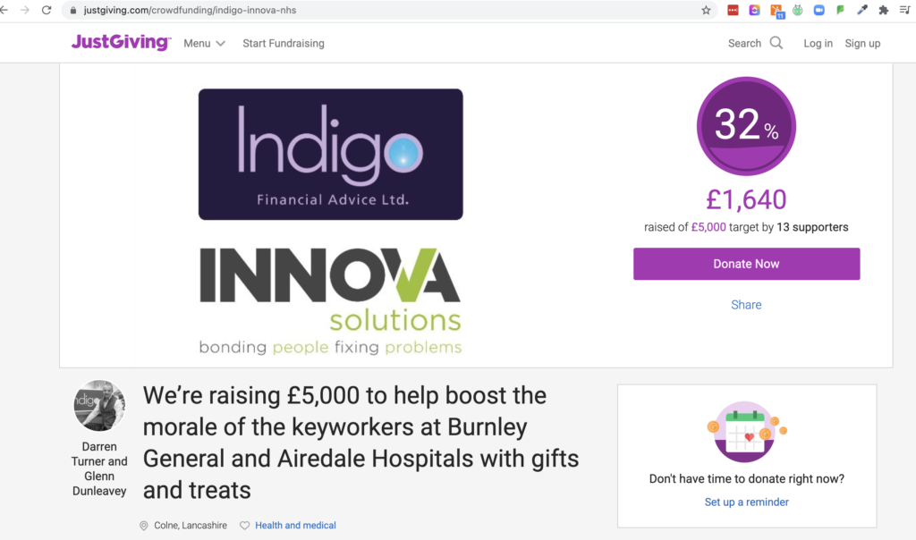 Innova Solutions and Indigo Financial Advice raise funds for local NHS heroes through Just Giving. 